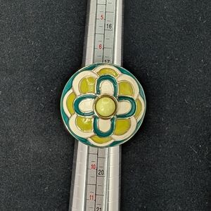 Statement Ring Blue Green and Cream Flower with Gold Band Size 8